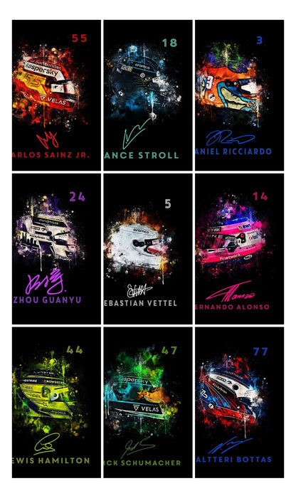 Poster Formel 1 Helm Aquarell Rennfahrer Name Unterschrift Rennnummer · Deko Print ohne Rahmen